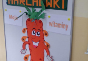 Zdjęci tablicy z napisem "Święto marchewki" i obrazkiem dużej marchwi i jej witaminami. Obok tace z marchewkami.